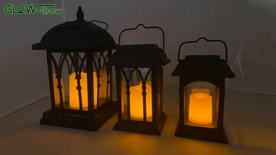 Outdoor Solar Lanterns 6 Inch Black Lantern with Solar Powered LED Candle Waterproof Dusk to Dawn Timer Hanging Table Porch for Ramadan Home Festival Decoration